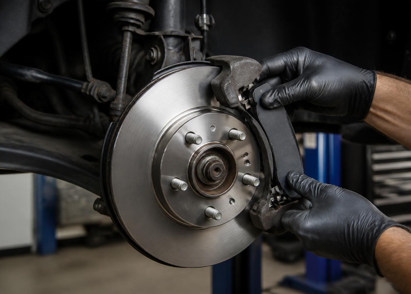Brake pads and caliper being installed on a vehicle's rotor